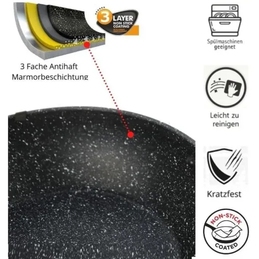 Platinium Bratpfanne / Wokpfanne / Pan - 24cm - Glasdeckel - Induktion - Marmorbeschichtung - Kratzfest
