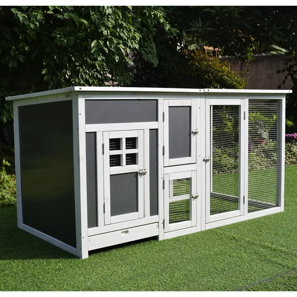 Hühnerstall Hühnerhaus Geeignet für 2-4 Hühner, mit Nistkasten Eierkiste mit 2 Fächern, Tanne, Grau+Weiß, 160 x 75 x 80