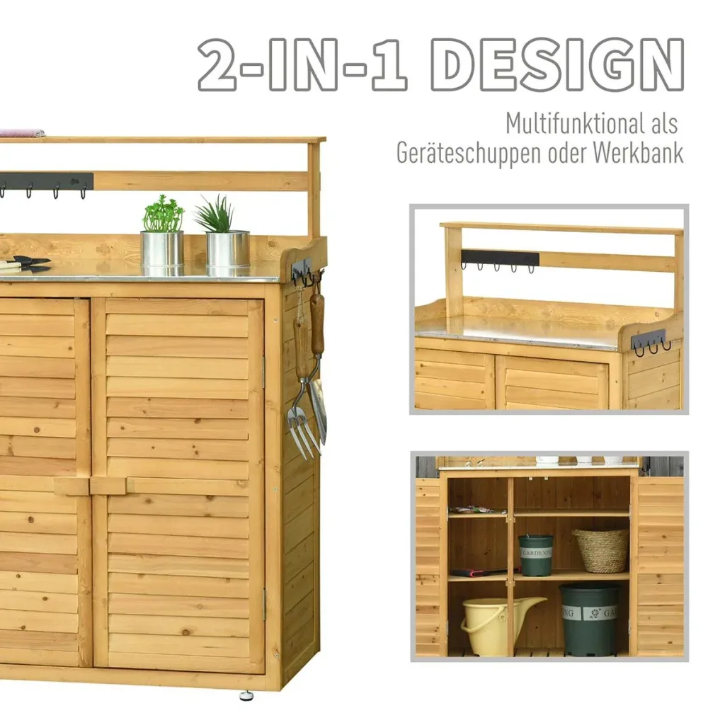 Gartenschrank Pflanztisch mit Unterschrank Geräteschrank mit Arbeitsfläche 3 Fächern Gartentisch mit Unterschrank 2 Türe