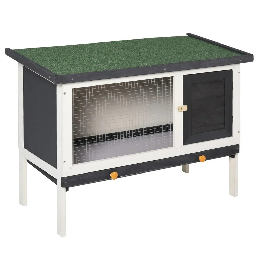 Hasenstall, Kaninchenstall, Hasenkäfig Kleintierstall mit Teerpappedach, Massivholz, Dunkelgrau+Weiß+Grün, 90 x 45 x 65