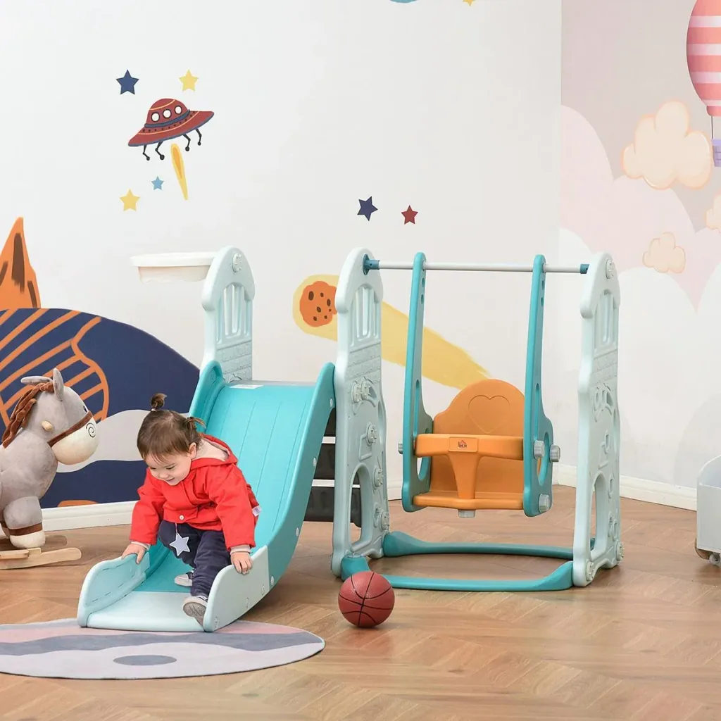 3 in 1 Kinderrutsche Kinderschaukel Set Spielturm für Kinder 18 bis 48 Monaten Kinder Spielplatz mit Basketballkorb HDPE
