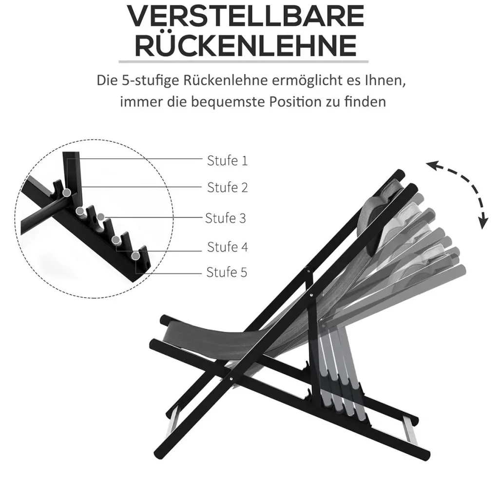 Klappstuhl 2er-Set Klappbarer Gartenstuhl 5-fach verstellbare Rückenlehne Balkonstuhl Campingstuhl Alu Schwarz
