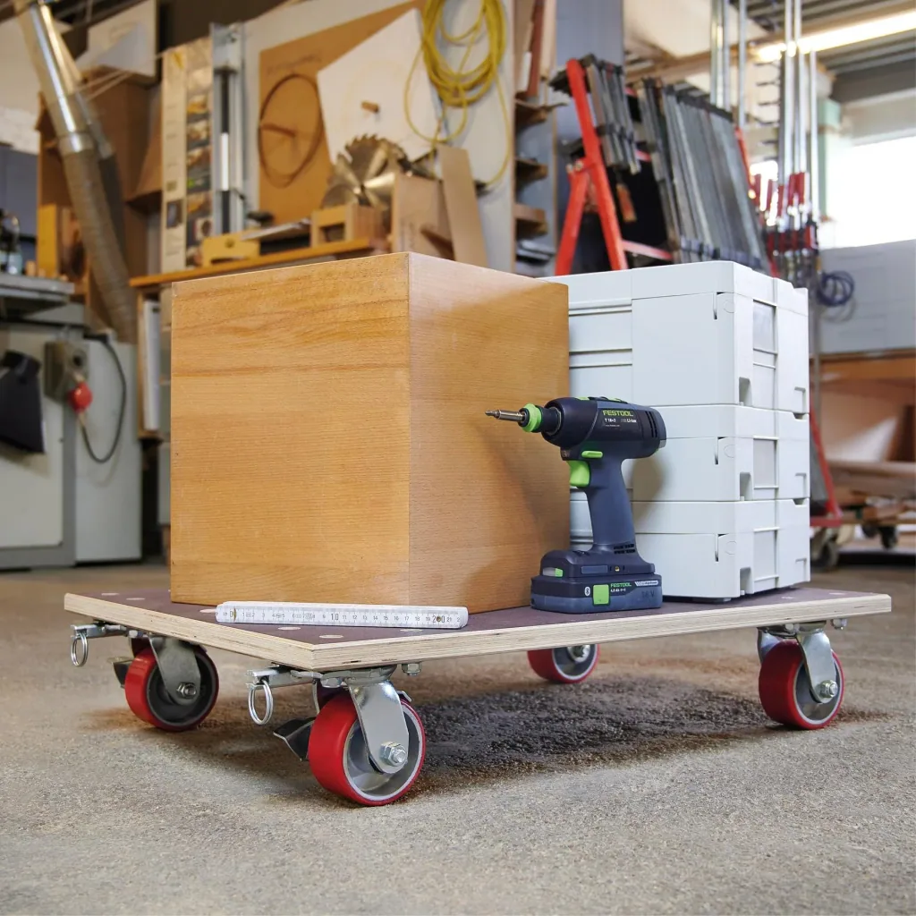 Transporthilfe MM 1348, 78 x 59 x 16 cm, harte Rollen Ø 100 mm, Rollenlager, 2 Bremsen, Platte FSC®, Tragkraft 1.000 kg