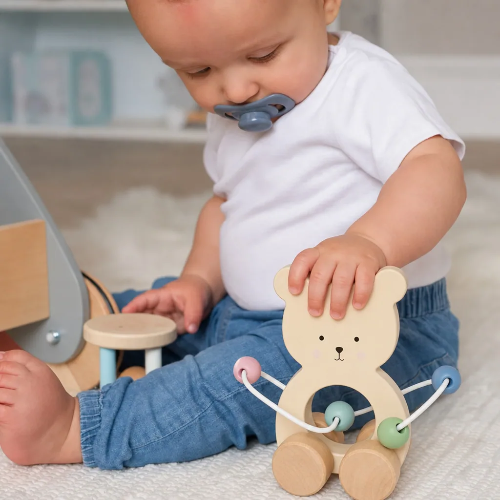 Jabadabado Kinderspielzeug, Schiebetier, Schiebespielzeug - Teddy mit Motorikschleife
