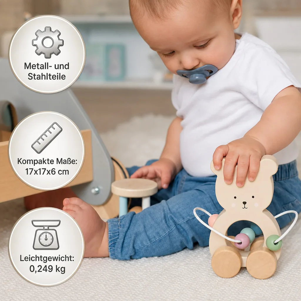 Jabadabado Kinderspielzeug, Schiebetier, Schiebespielzeug - Teddy mit Motorikschleife