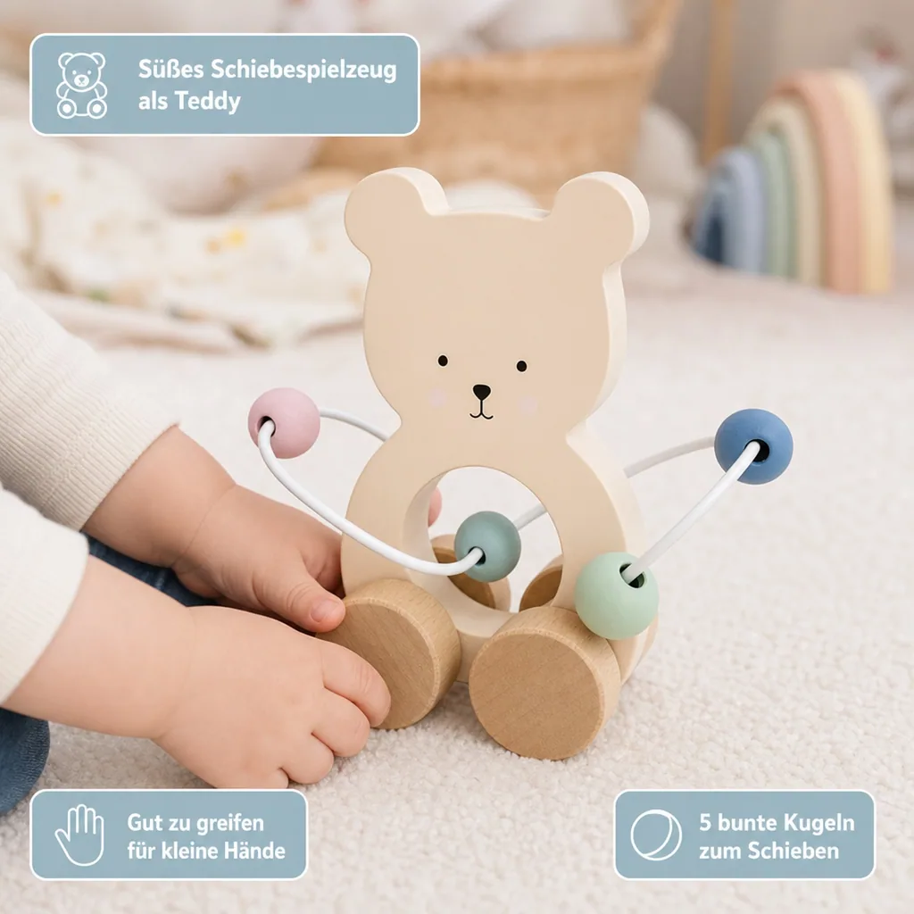 Jabadabado Kinderspielzeug, Schiebetier, Schiebespielzeug - Teddy mit Motorikschleife