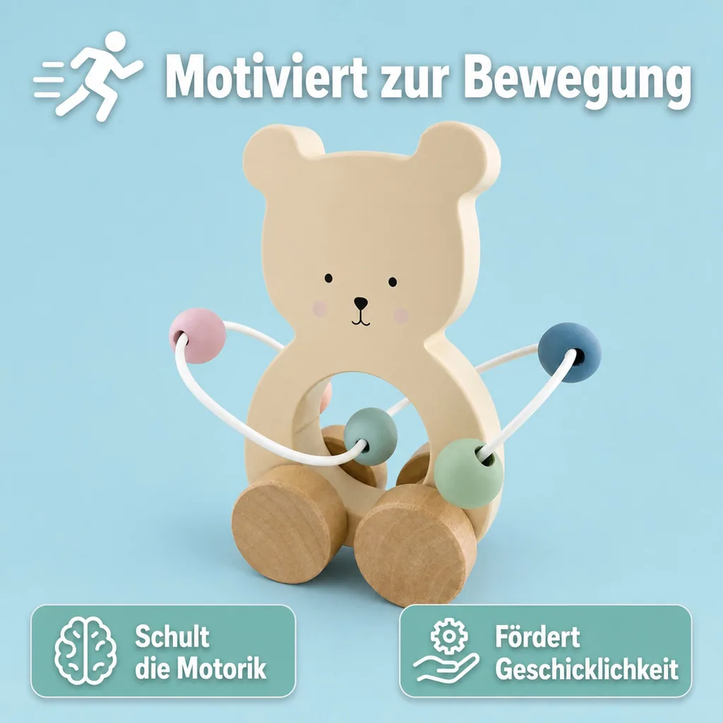 Jabadabado Kinderspielzeug, Schiebetier, Schiebespielzeug - Teddy mit Motorikschleife