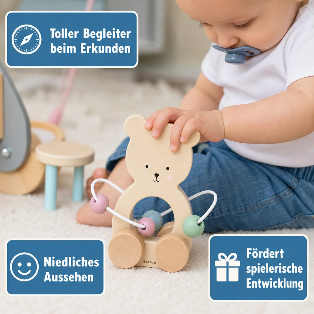 Jabadabado Kinderspielzeug, Schiebetier, Schiebespielzeug - Teddy mit Motorikschleife