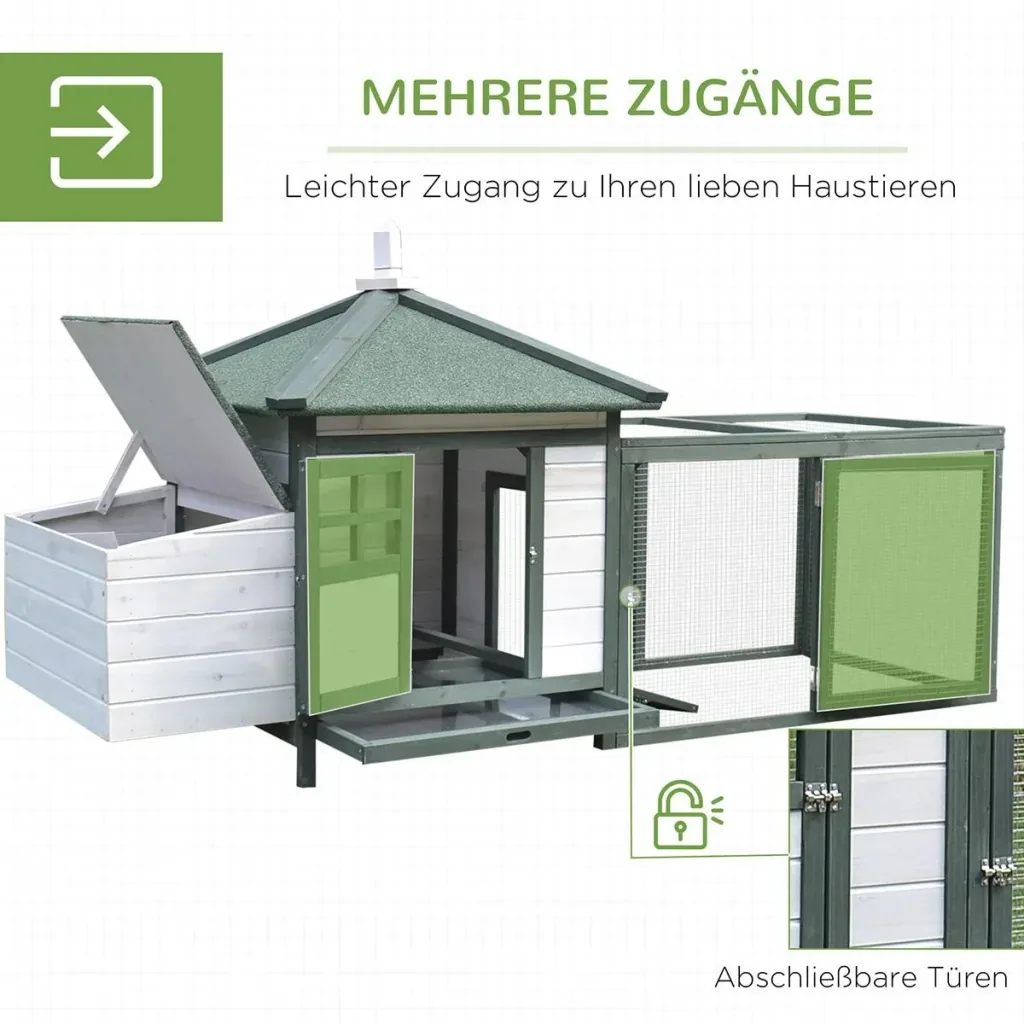 Zwerghühnerstall mit Auslauf Stall mit Sitzstangen Nistkasten Massivholz Weiß+Grün 196 x 76 x 97 cm