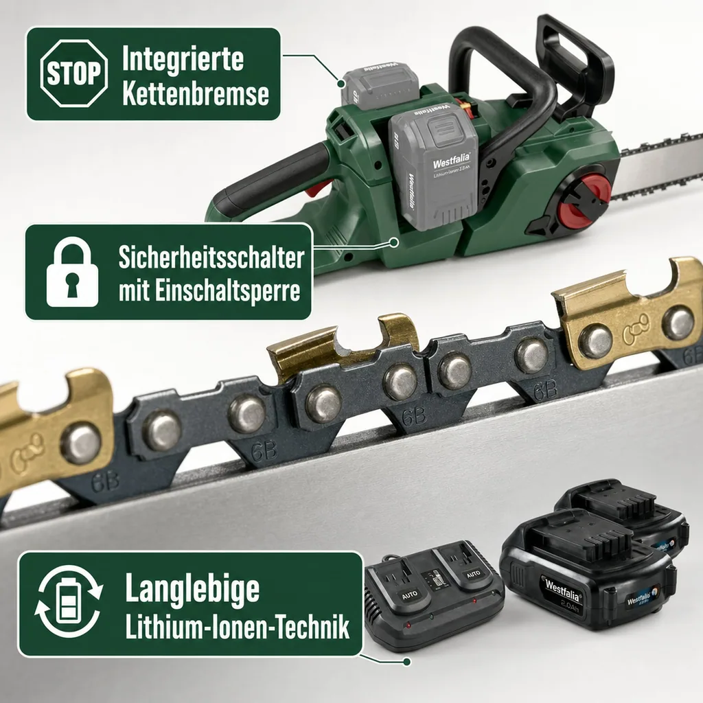 Set Akku-Kettensäge "GMAK 36/40" + 2 x 18V LI-ION Akku 2,0 Ah + Doppelschnell-Ladegerät + Sägekette-Titan 40 cm