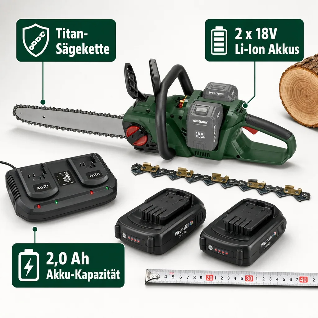 Set Akku-Kettensäge "GMAK 36/40" + 2 x 18V LI-ION Akku 2,0 Ah + Doppelschnell-Ladegerät + Sägekette-Titan 40 cm