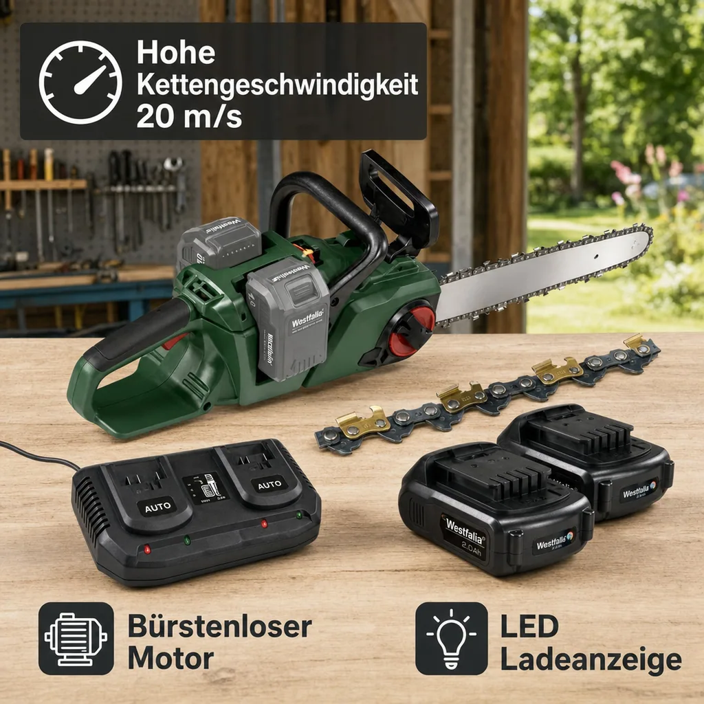 Set Akku-Kettensäge "GMAK 36/40" + 2 x 18V LI-ION Akku 2,0 Ah + Doppelschnell-Ladegerät + Sägekette-Titan 40 cm