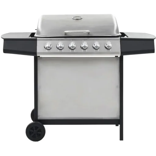 Gasgrill mit 6 Kochstellen aus Edelstahl silber