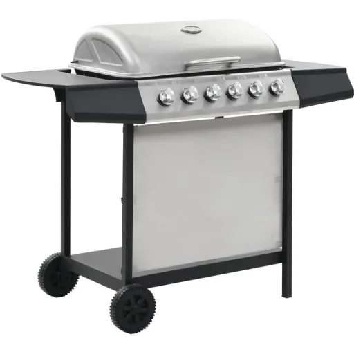 Gasgrill mit 6 Kochstellen aus Edelstahl silber