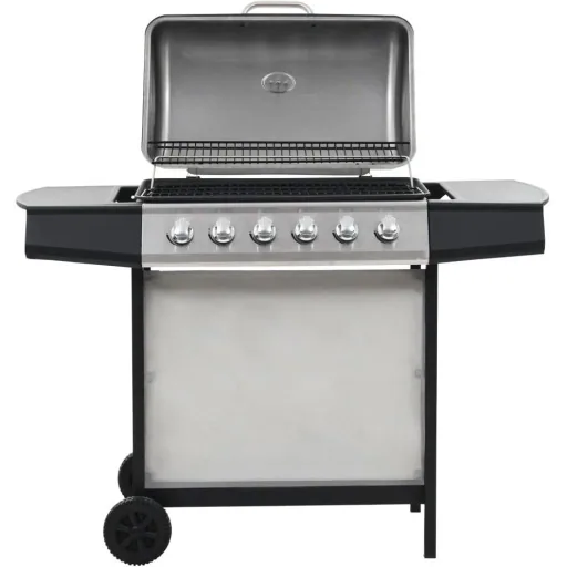 Gasgrill mit 6 Kochstellen aus Edelstahl silber
