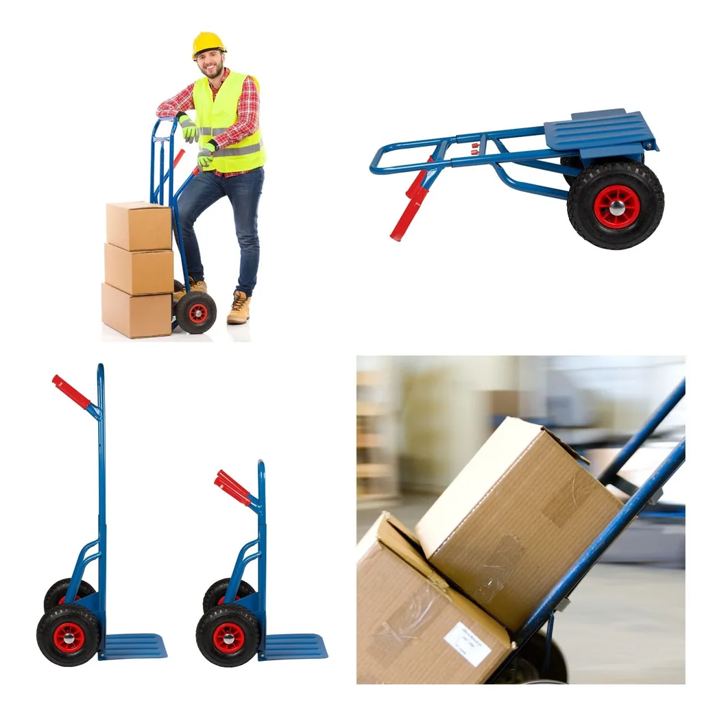 Stahl-Klapp-Sackkarre mit Sicherheitsgriffen, Transportkarre für schwere Lasten bis 150 kg, ergonomischer Griff, Luftreifen, kompakter Klappwagen für Zuhause und Arbeitsplatz, blau