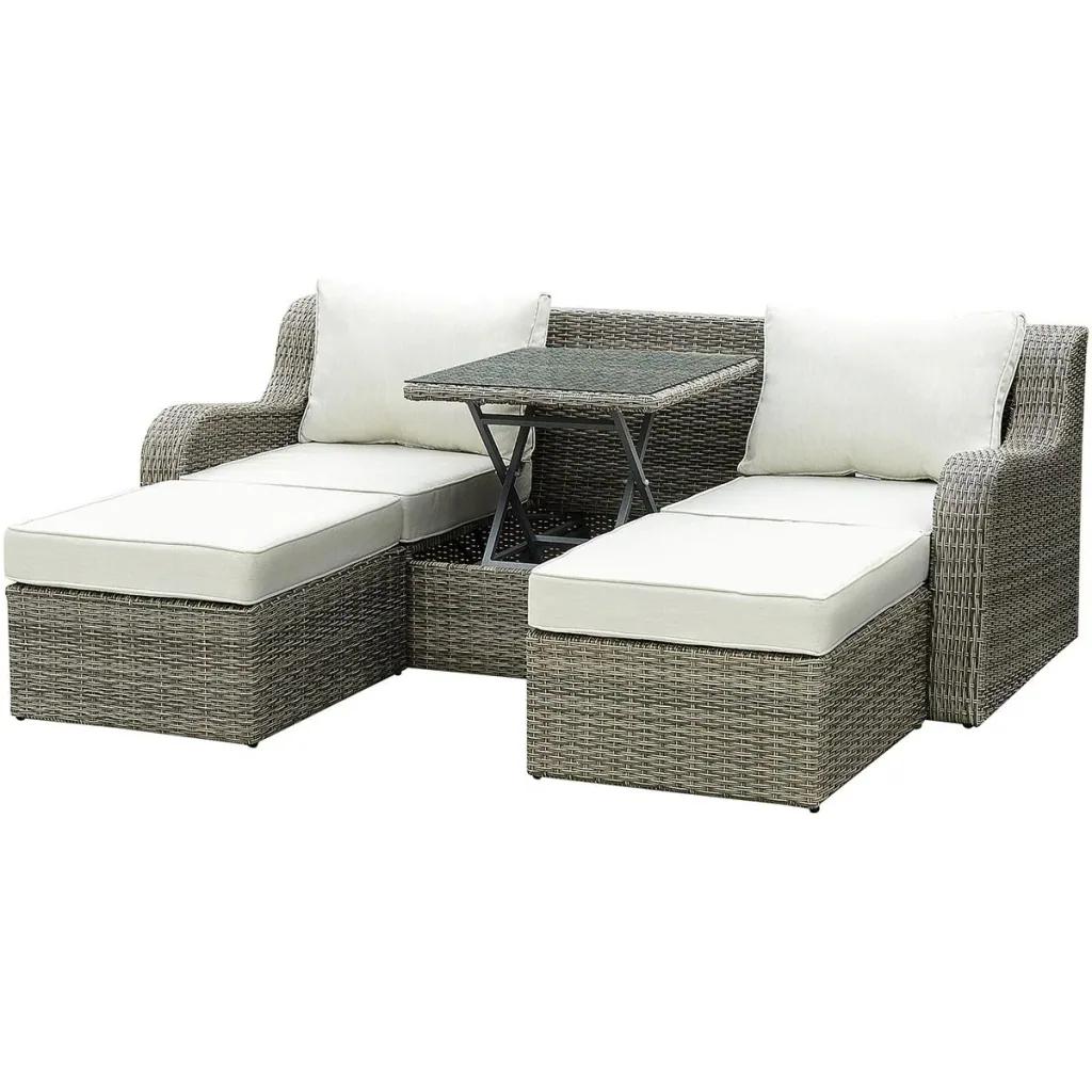 Dreiteilige Sofagarnitur in Rattanoptik mit klappbarem Beistelltisch, hellgrau+beige
