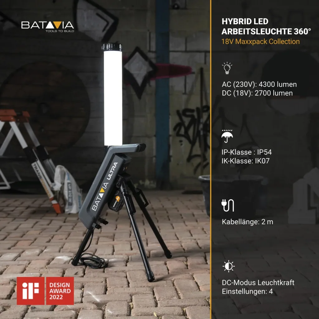 Maxxpack 18V Hybrid-LED-Arbeitsleuchte 360° mit Stativ (ohne Akku und Ladegerät)