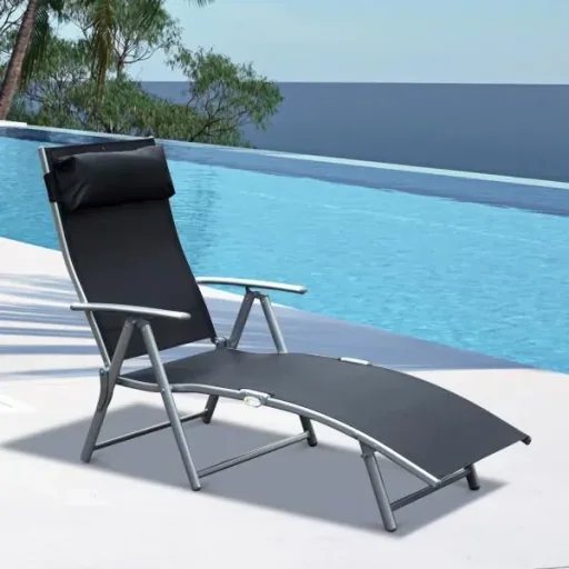 Sonnenliege klappbar mit Kissen Schwarz