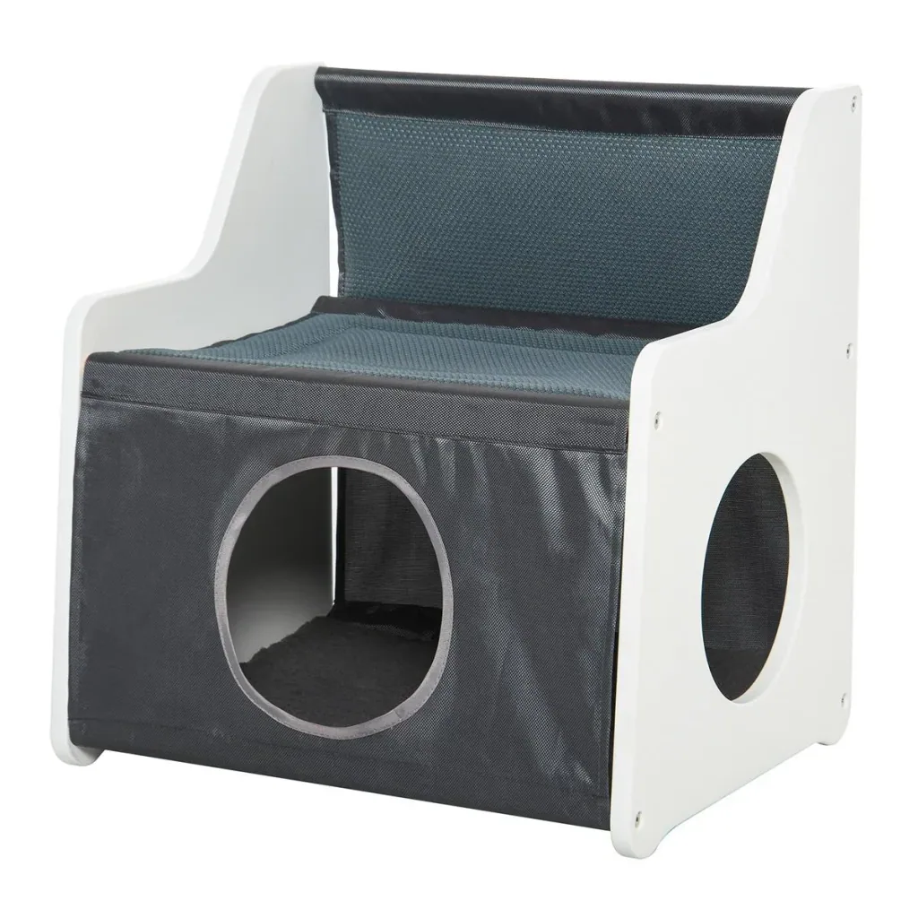 Katzenhaus mit Terrasse 2-lagiges warmes Katzenbett Kuschelhöhle zum schlafen für Katzen, Oxford-Stoff, Weiß+Grau, 48x37