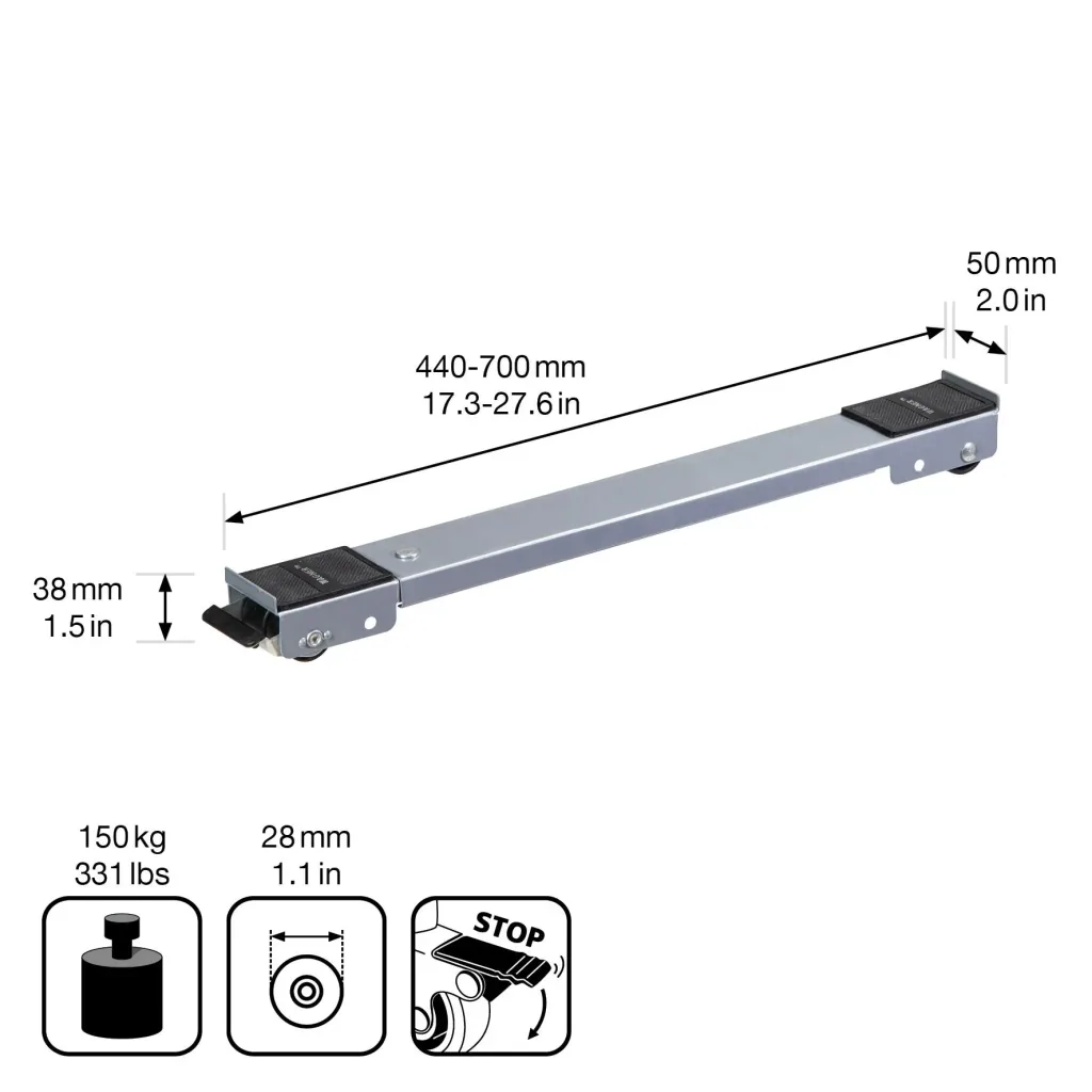 Transportschiene MM 1197 2 teilig, 45-70 cm, ausziehbar, 4 Bockrollen Ø 30 mm, Feststeller, Tragkraft 150 kg