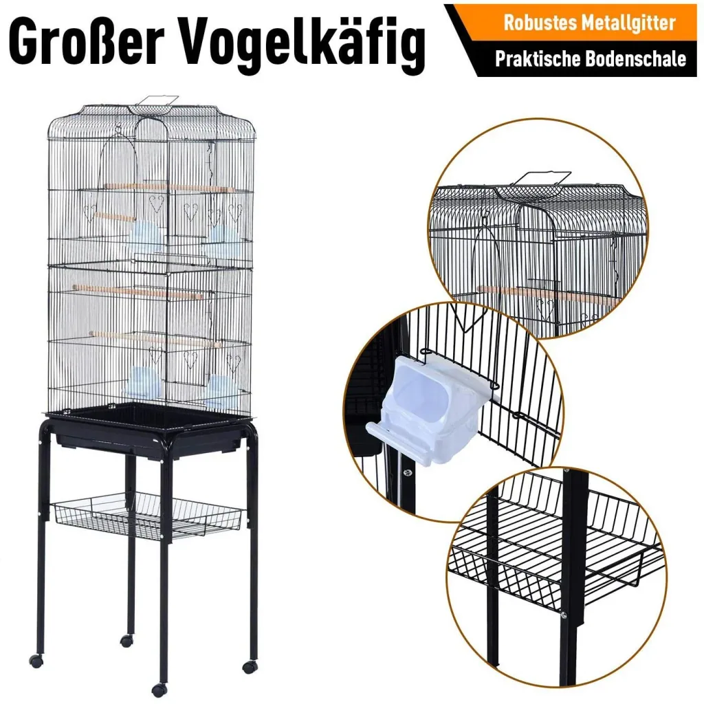 Vogelhaus Vogelkäfig Vogelvoliere für Papagei Wellensittich Vogelbauer mit rollbarem Ständer Schwarz 47,5x37x153cm