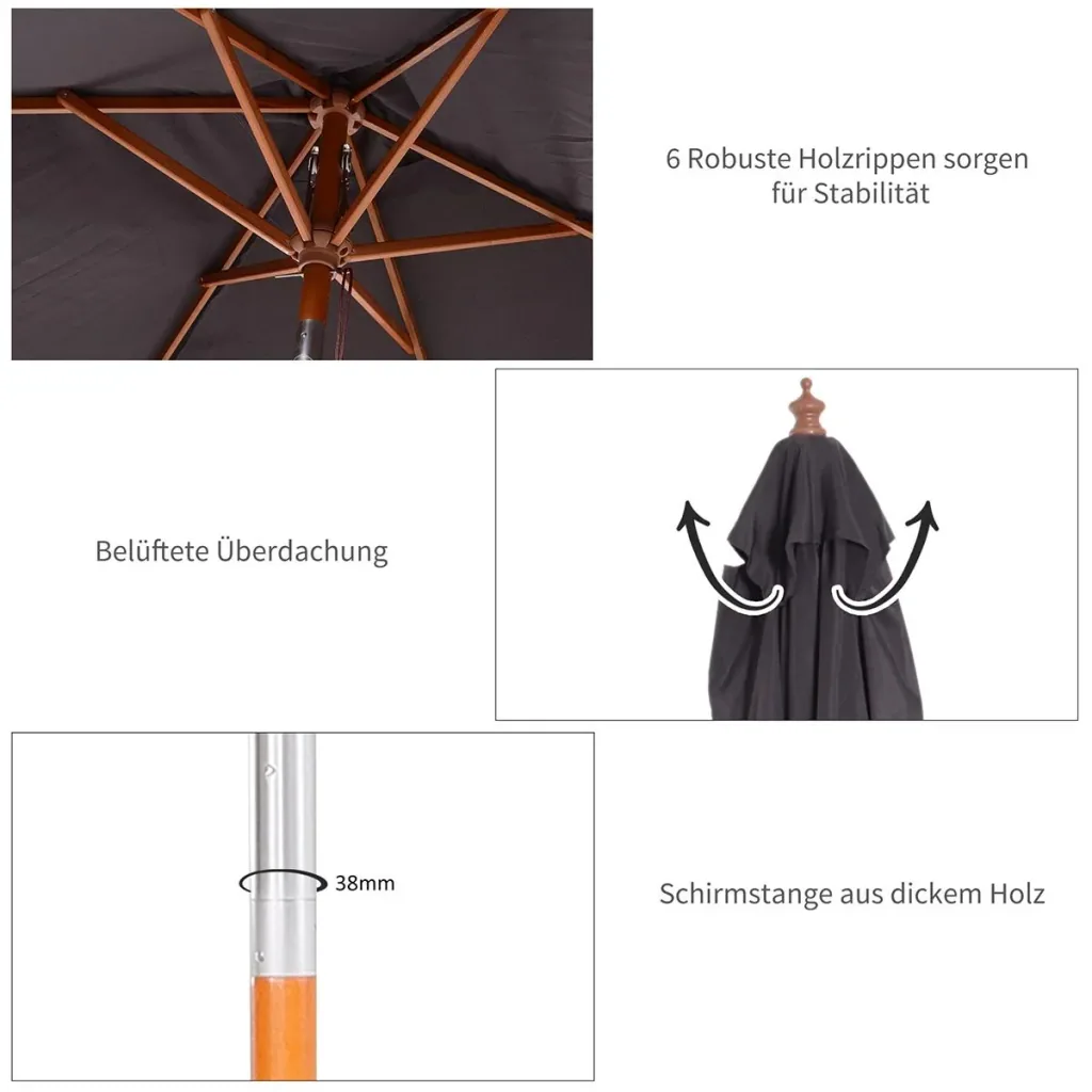 Sonnenschirm Knickbarer Gartenschirm Strandschirm 3-stufig einstellbar Tannenholz+Polyester Dunkelgrau 200 x 150 x 230 c