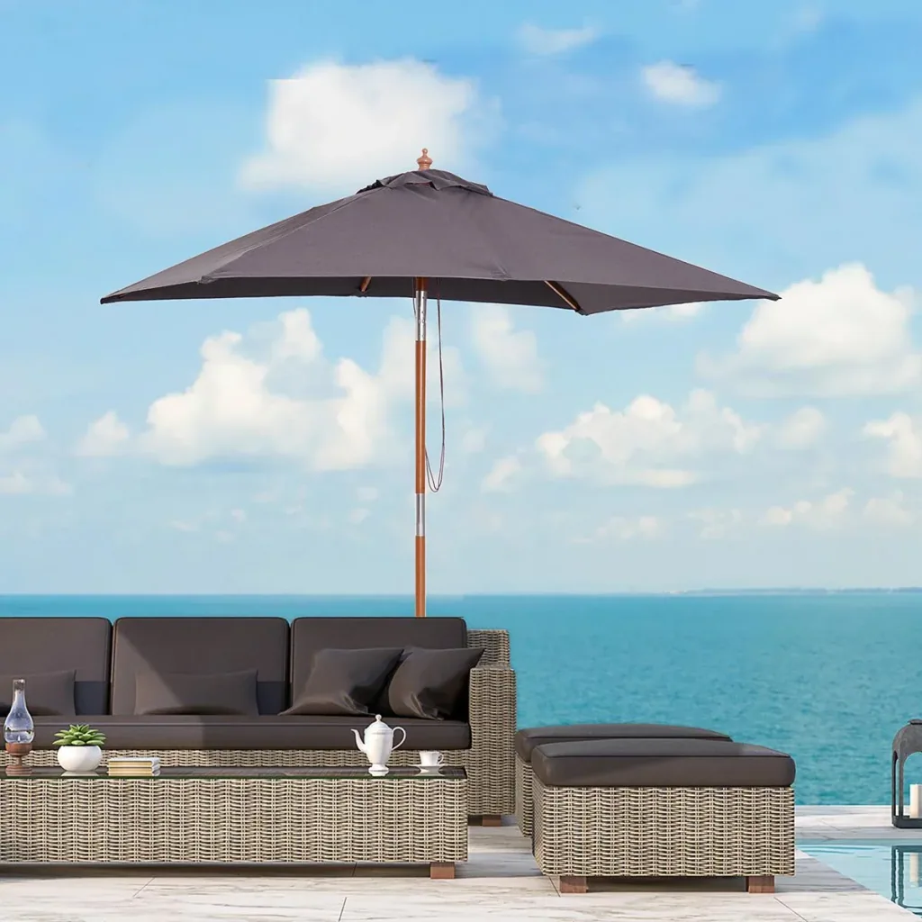 Sonnenschirm Knickbarer Gartenschirm Strandschirm 3-stufig einstellbar Tannenholz+Polyester Dunkelgrau 200 x 150 x 230 c