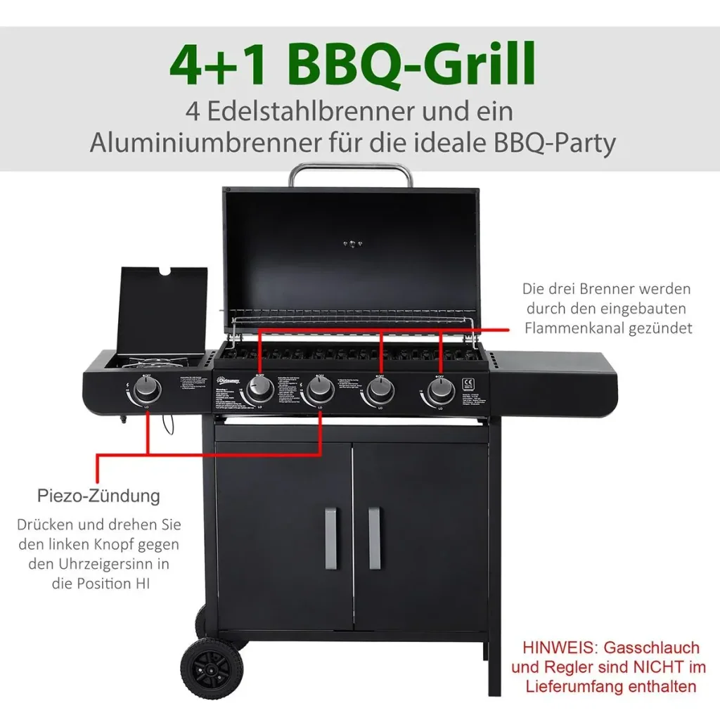 Gasgrill BBQ Grillwagen mit 4 Brennern 1 Seitenbrenner Schrank Multifunktion Metall Schwarz 125 x 51 x 100 cm