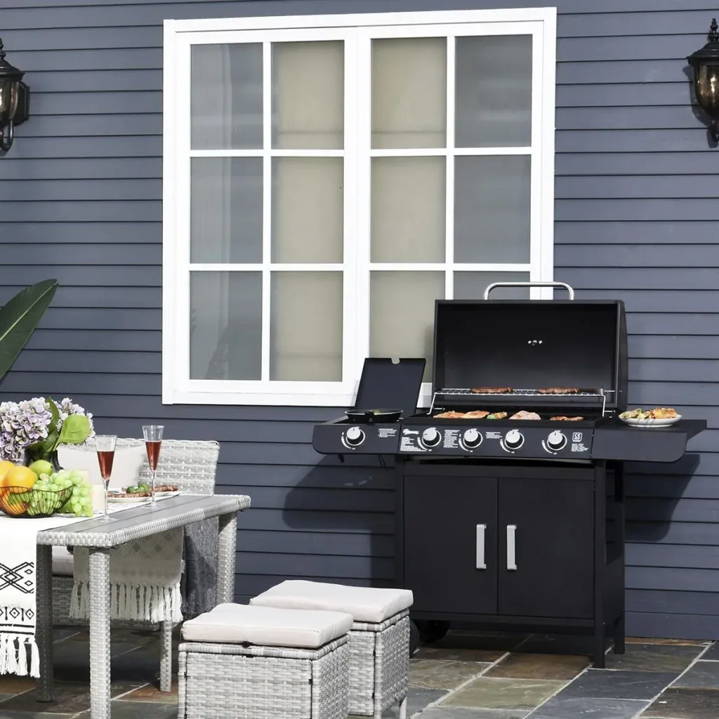 Gasgrill BBQ Grillwagen mit 4 Brennern 1 Seitenbrenner Schrank Multifunktion Metall Schwarz 125 x 51 x 100 cm