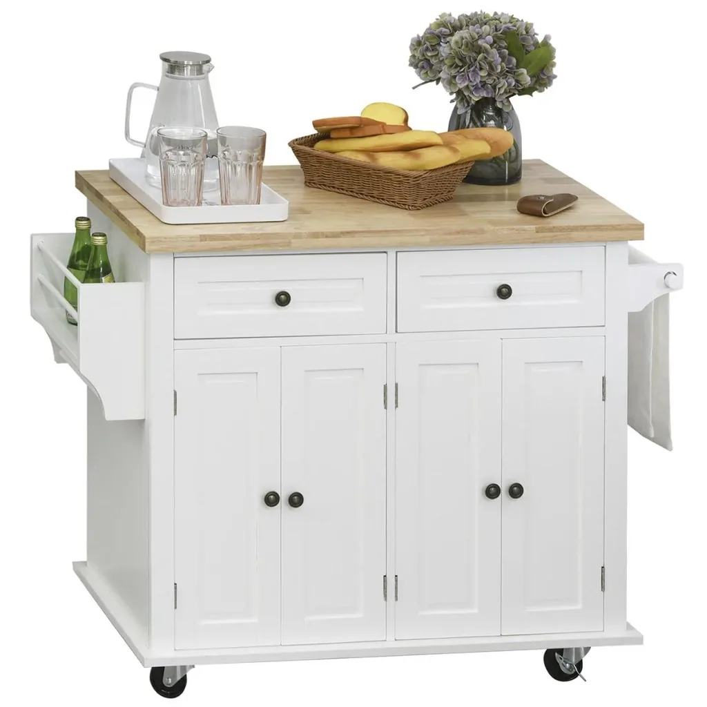 Küchenschrank Küchenregal mit Rollen Schublade und verstellbares Regal Gummiholz MDF Spanplatte Weiß 111 x 44,5 x 82,5 c