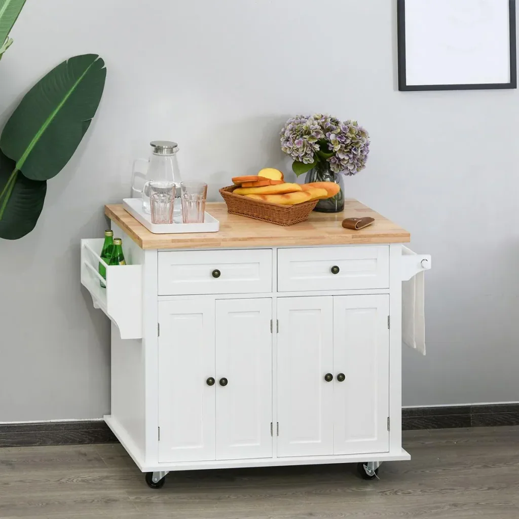 Küchenschrank Küchenregal mit Rollen Schublade und verstellbares Regal Gummiholz MDF Spanplatte Weiß 111 x 44,5 x 82,5 c