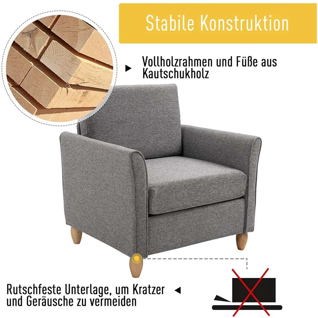Einzelsofa Polsterstuhl abnehmbar mit Kissen 200 kg-Belastbarkeit Leinenbezüge Schaumstoff Hellgrau 82 x 65 x 78 cm