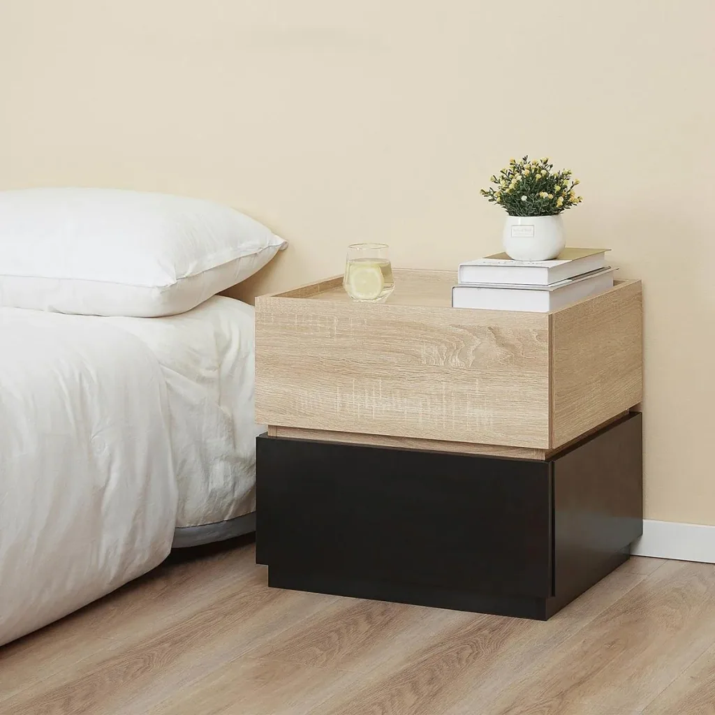 Nachttisch mit Schublade Nachtschrank stapelbar Schubladenschrank Schlafzimmer Nachtkommode Spanplatte Schwarz+Natur 50