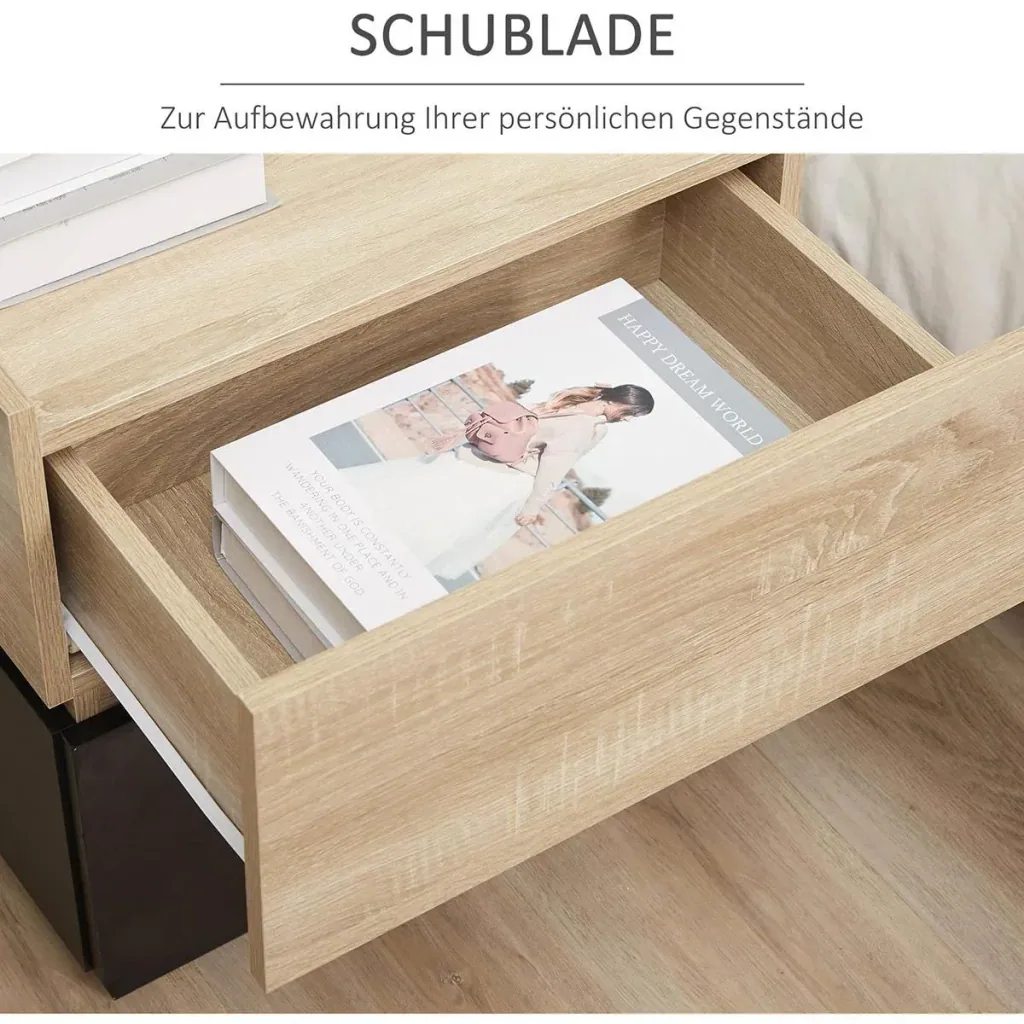 Nachttisch mit Schublade Nachtschrank stapelbar Schubladenschrank Schlafzimmer Nachtkommode Spanplatte Schwarz+Natur 50