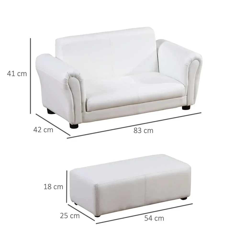 Kindersessel mit Fußhocker, Kindercouch mit Hocker, Kindersofa, Sofa Sessel, Weiß