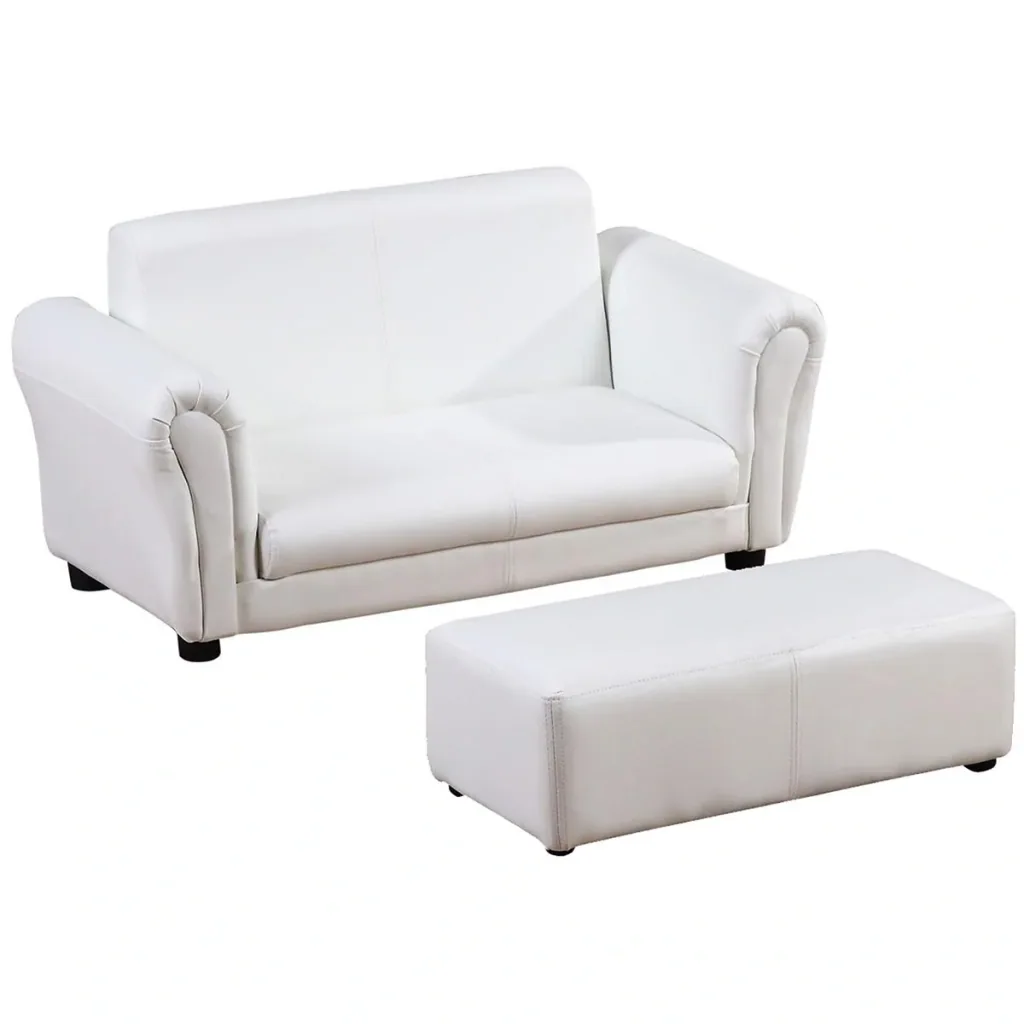 Kindersessel mit Fußhocker, Kindercouch mit Hocker, Kindersofa, Sofa Sessel, Weiß