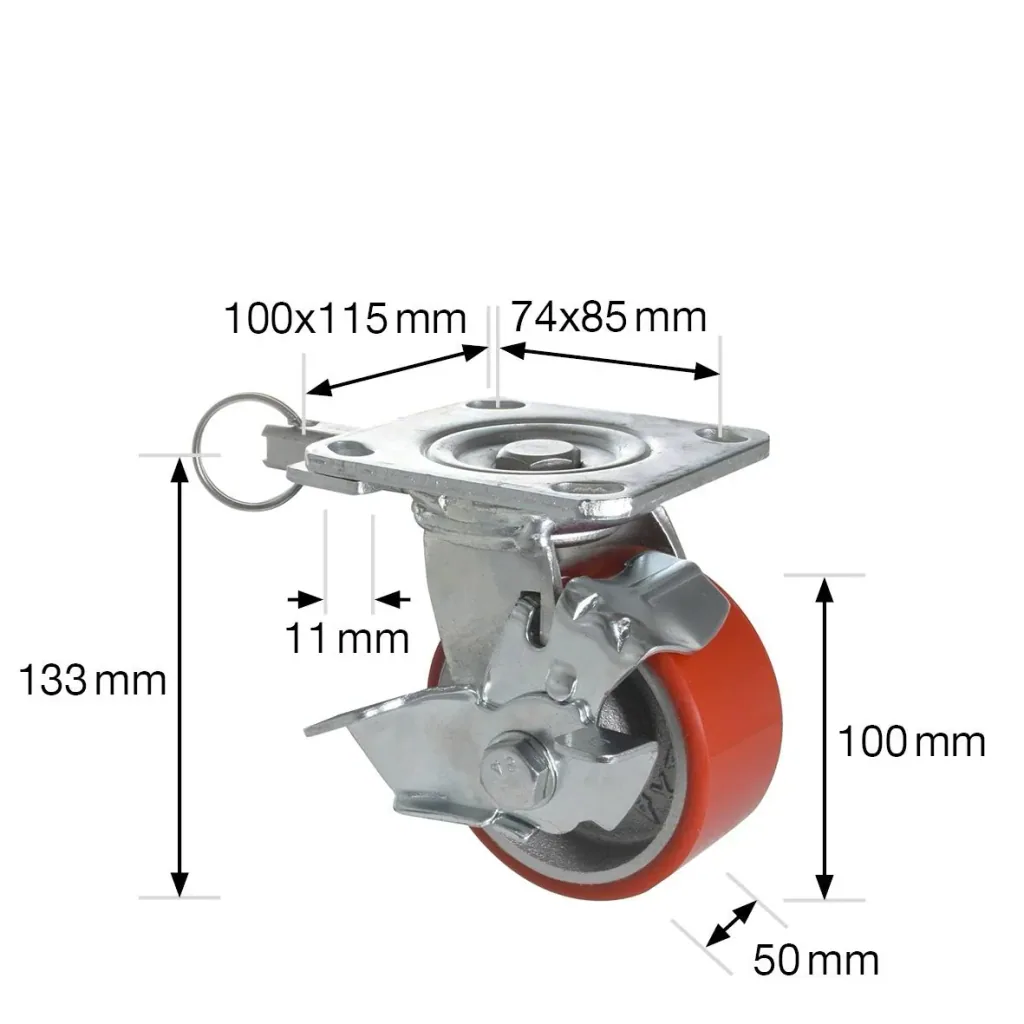 Schwerlast Bock- & Lenkrolle DIRECTION LOCK 3in1 - Ø 100 mm, Gusseisen, soft, 2 Einspritzdüsen, Bremse, Tragkraft 230 kg