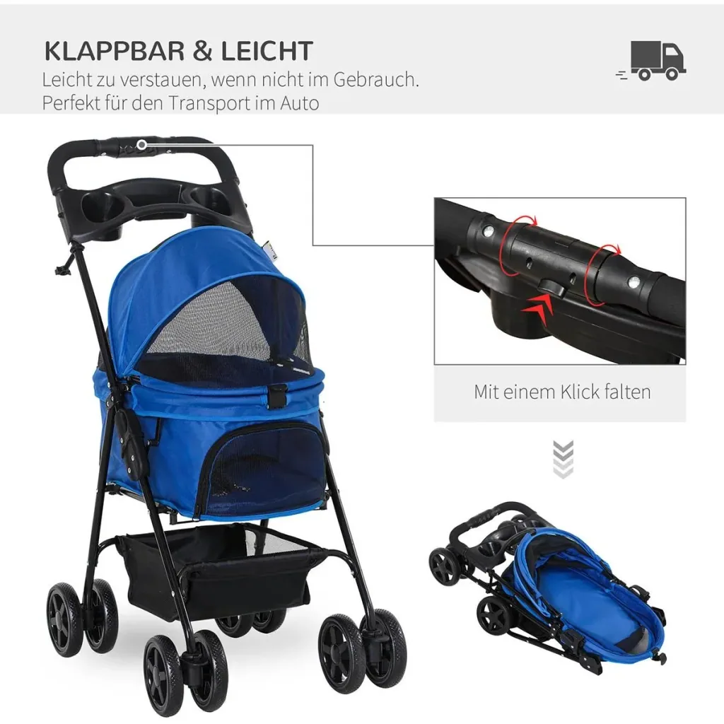 Hundebuggy mit Klappfunktion Hundewagen Buggy für Hunde und Katzen Haustierwagen Katzenbuggy Oxford Blau 67 x 45 x 96 cm