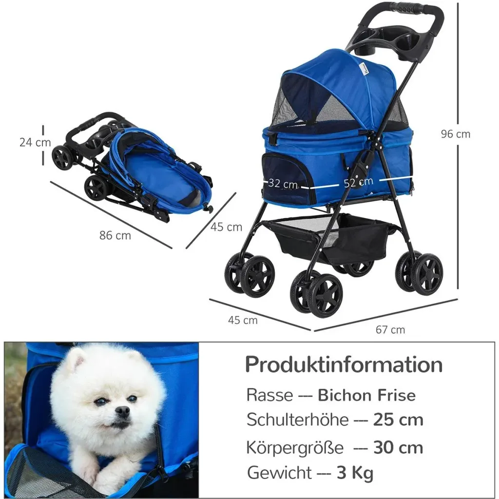 Hundebuggy mit Klappfunktion Hundewagen Buggy für Hunde und Katzen Haustierwagen Katzenbuggy Oxford Blau 67 x 45 x 96 cm