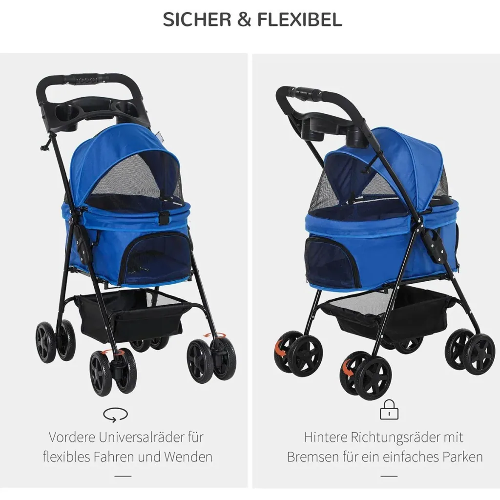 Hundebuggy mit Klappfunktion Hundewagen Buggy für Hunde und Katzen Haustierwagen Katzenbuggy Oxford Blau 67 x 45 x 96 cm