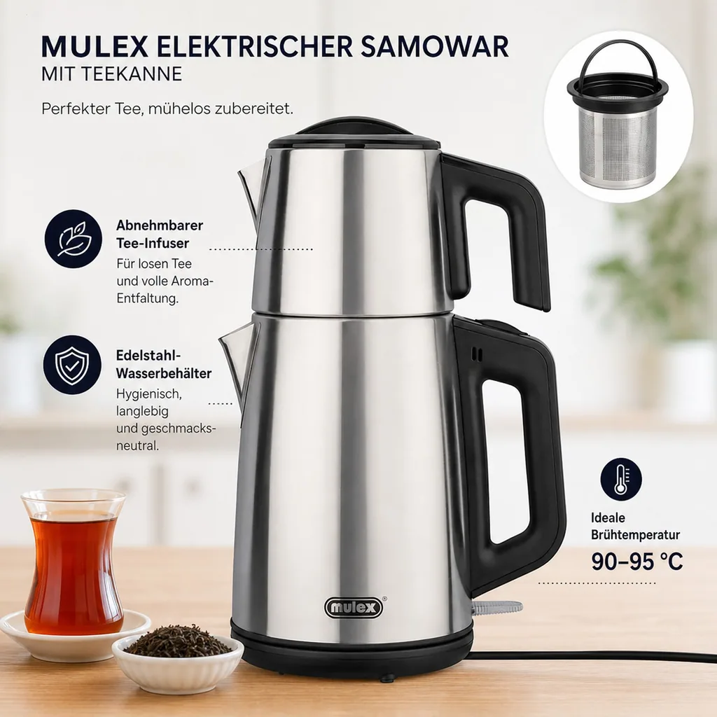 Wasserkocher, Samowar mit Teekocher, Russischer Teekessel Elektrisch - Mulex, Tee-Express, Edelstahl, 2L