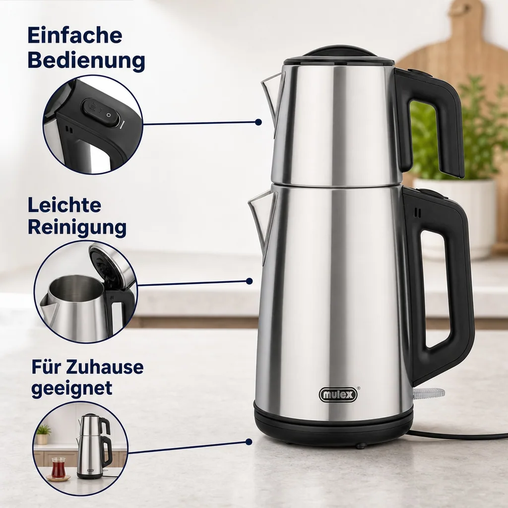 Wasserkocher, Samowar mit Teekocher, Russischer Teekessel Elektrisch - Mulex, Tee-Express, Edelstahl, 2L
