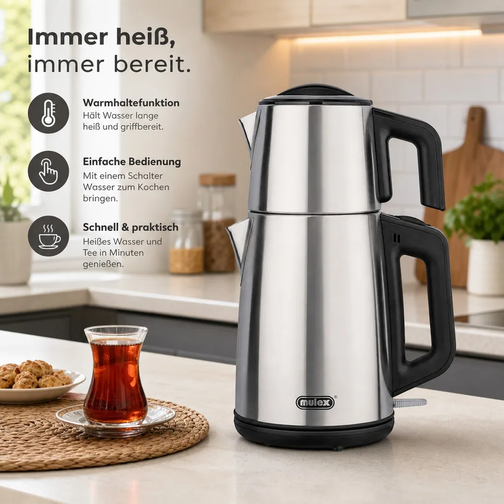 Wasserkocher, Samowar mit Teekocher, Russischer Teekessel Elektrisch - Mulex, Tee-Express, Edelstahl, 2L