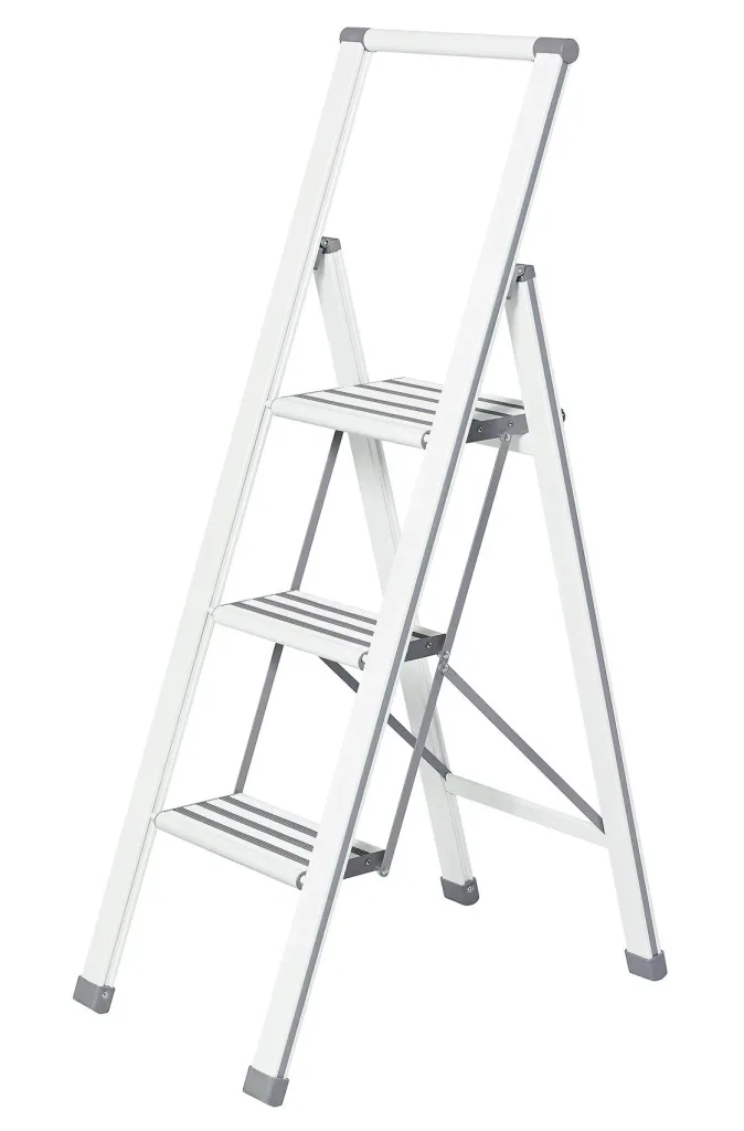 Alu-Design Klapptrittleiter 3-stufig Weiß, rutschfeste Haushaltsleiter, Sicherheits-Stehleiter