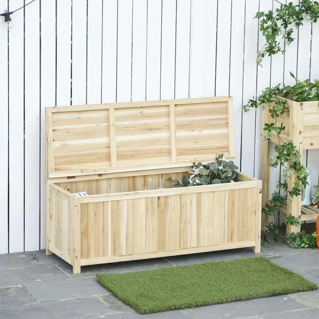 Gartenbank mit Stauraum Truhenbank Sitzbank 2-Sitzer 250 kg Belastbarkeit Natur Tanneholz 115 x 45 x 75 cm
