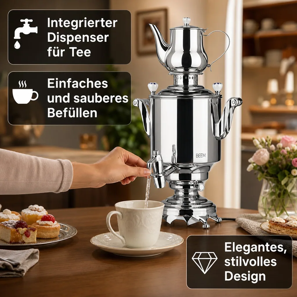 Samowar mit Teekocher, Russischer Teekessel Elektrisch - Romanov III, mit Dispenser, Edelstahl, 5L