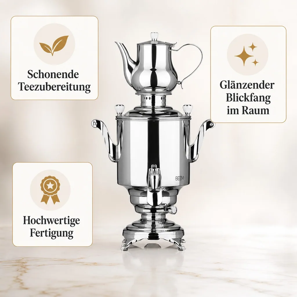 Samowar mit Teekocher, Russischer Teekessel Elektrisch - Romanov III, mit Dispenser, Edelstahl, 5L
