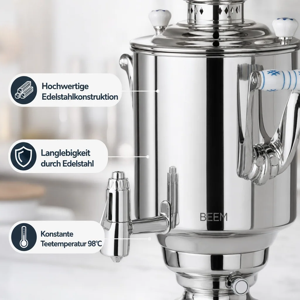 Samowar mit Teekocher, Russischer Teekessel Elektrisch - Romanov III, mit Dispenser, Edelstahl, 5L