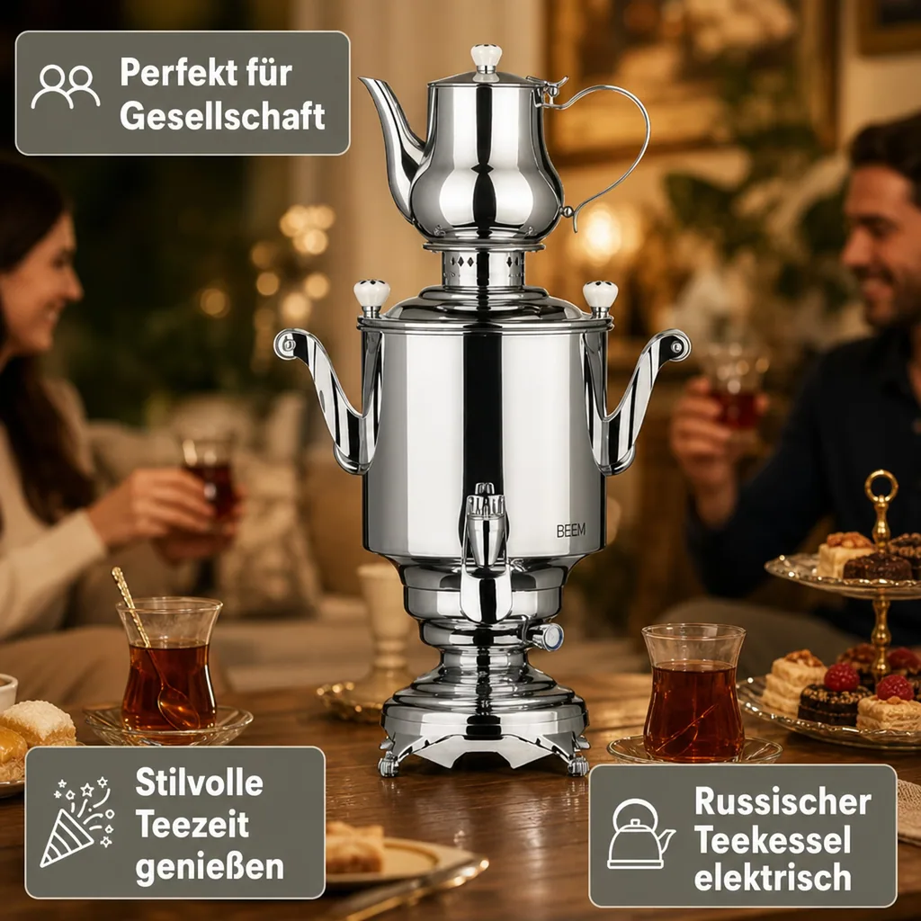 Samowar mit Teekocher, Russischer Teekessel Elektrisch - Romanov III, mit Dispenser, Edelstahl, 5L